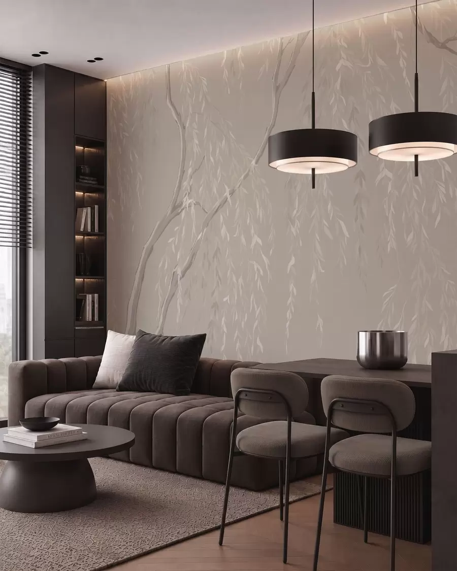 murales de pared Ramas claras con hojas blancas sobre un fondo cálido w05812v2
