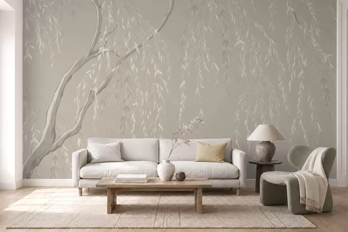 murales de pared Ramas claras con hojas blancas sobre un fondo cálido w05812v2