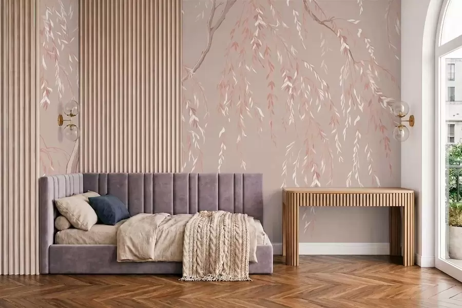 murales de pared Ramas de color rosa pálido con hojas claras w05812v3