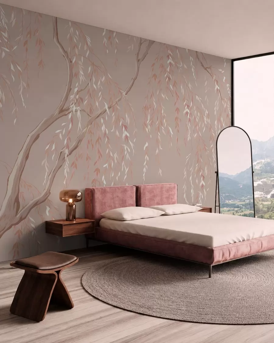 murales de pared Ramas de color rosa pálido con hojas claras w05812v3