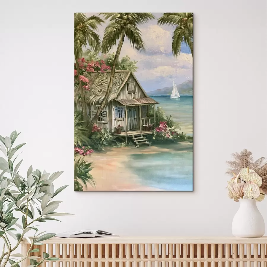 murales de pared Una casita junto al mar, pintada al estilo de la pintura al óleo s49936