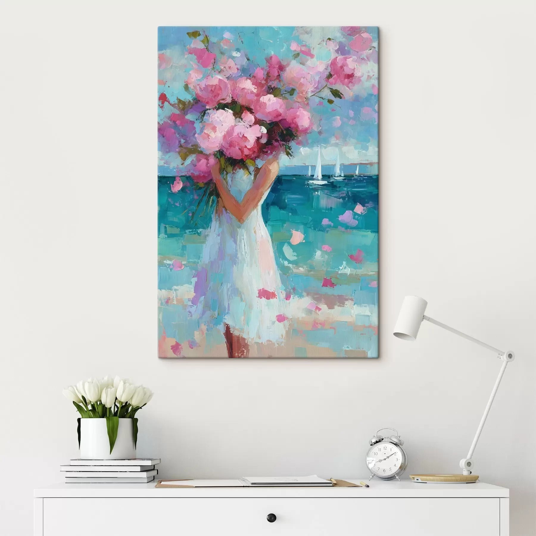 murales de pared Una niña con peonías ante un paisaje marino, pintado al estilo impasto s49937