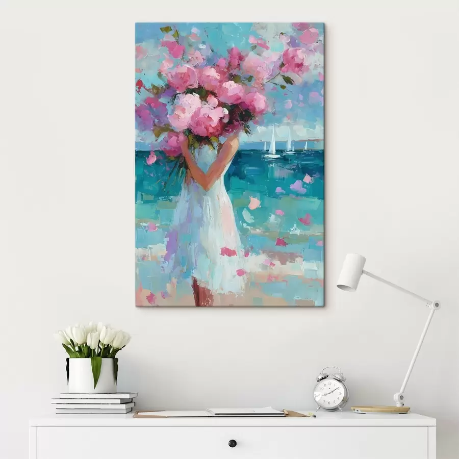 murales de pared Una niña con peonías ante un paisaje marino, pintado al estilo impasto s49937
