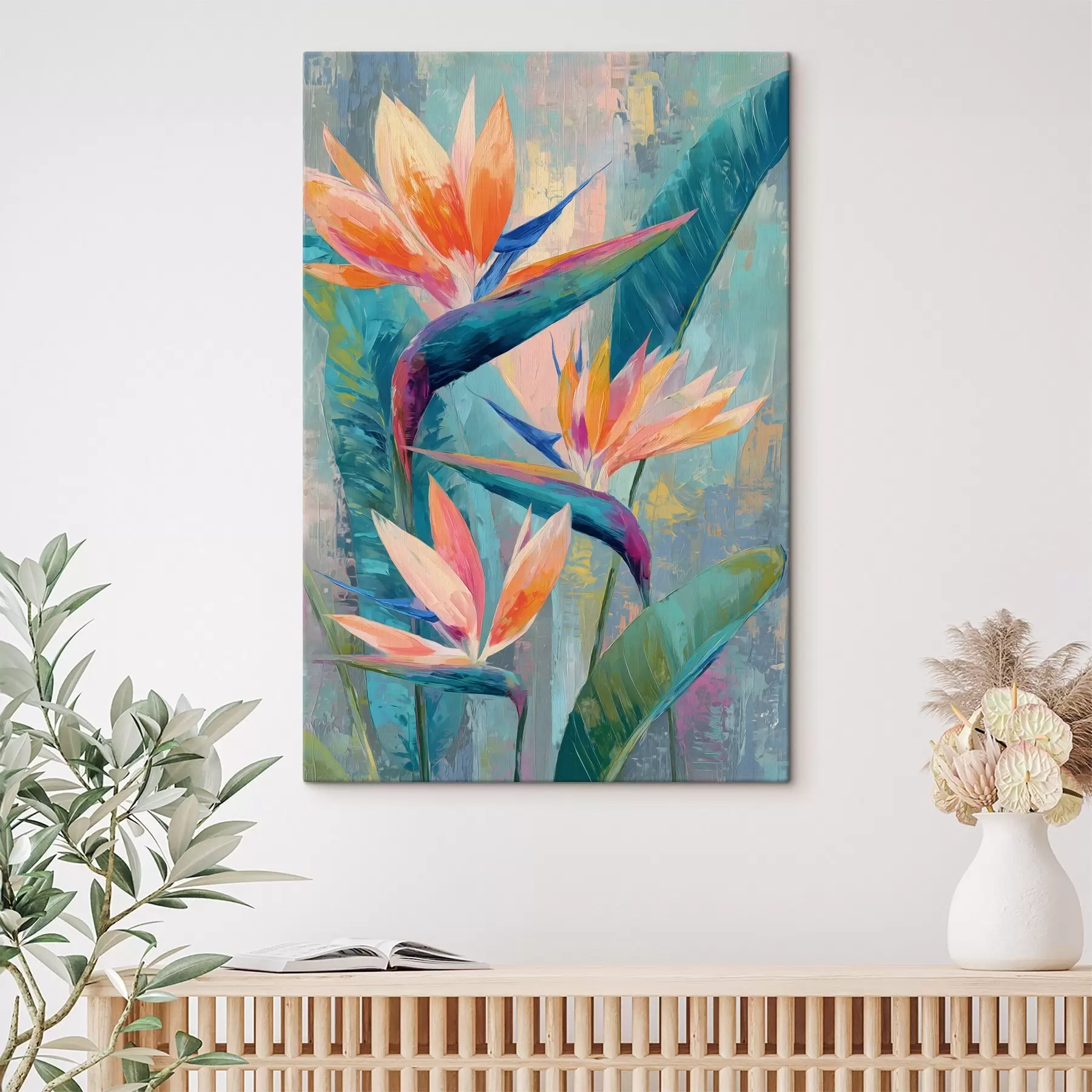 murales de pared Una estrelitzia llena de vida, representada con un estilo pictórico s50150