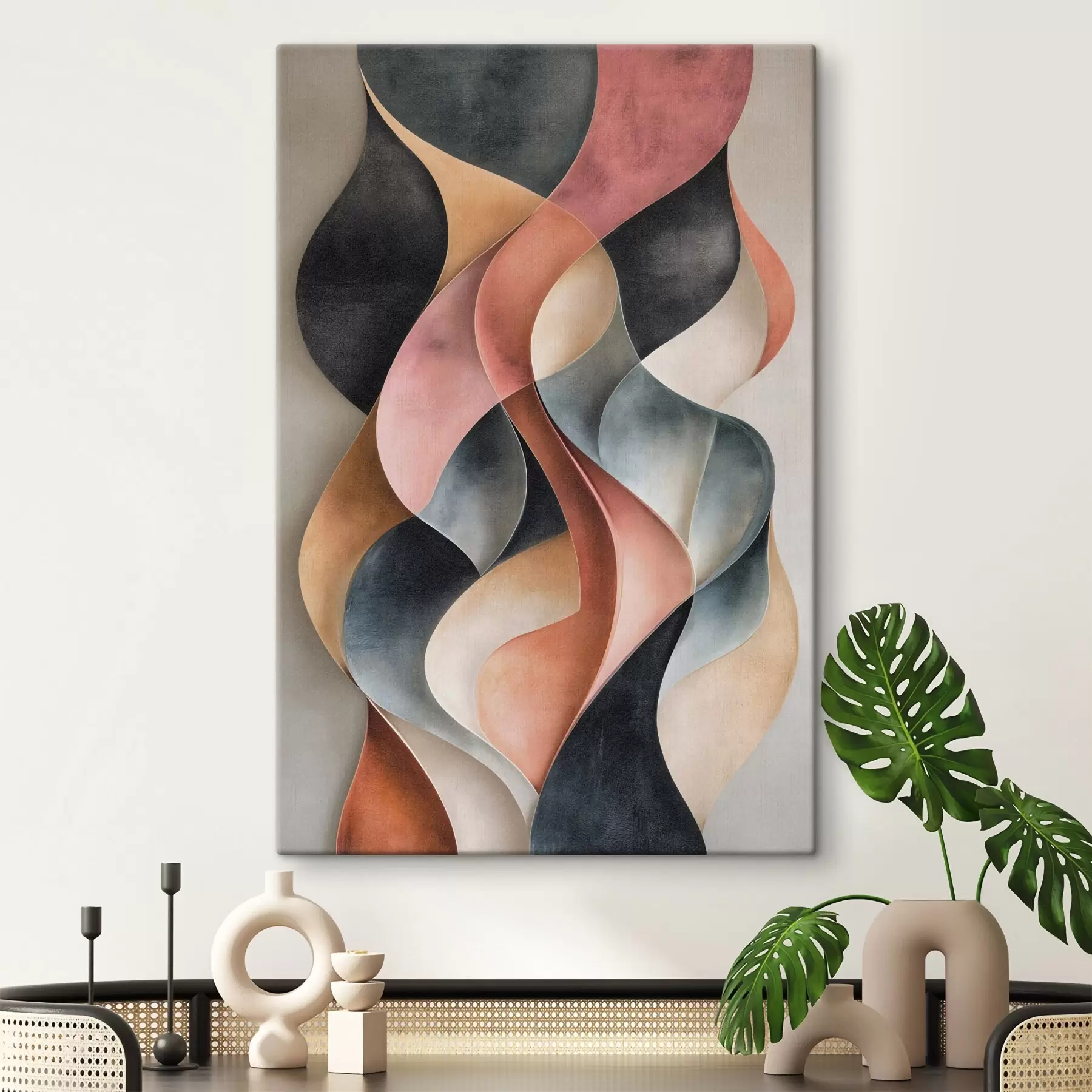 murales de pared Olas abstractas en tonos de negro y terracota s50154