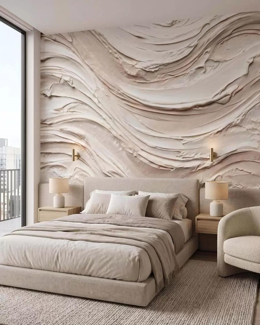 murales de pared Ondas cálidas en tonos crema y melocotón que imitan el yeso texturizado, abstractas w09990