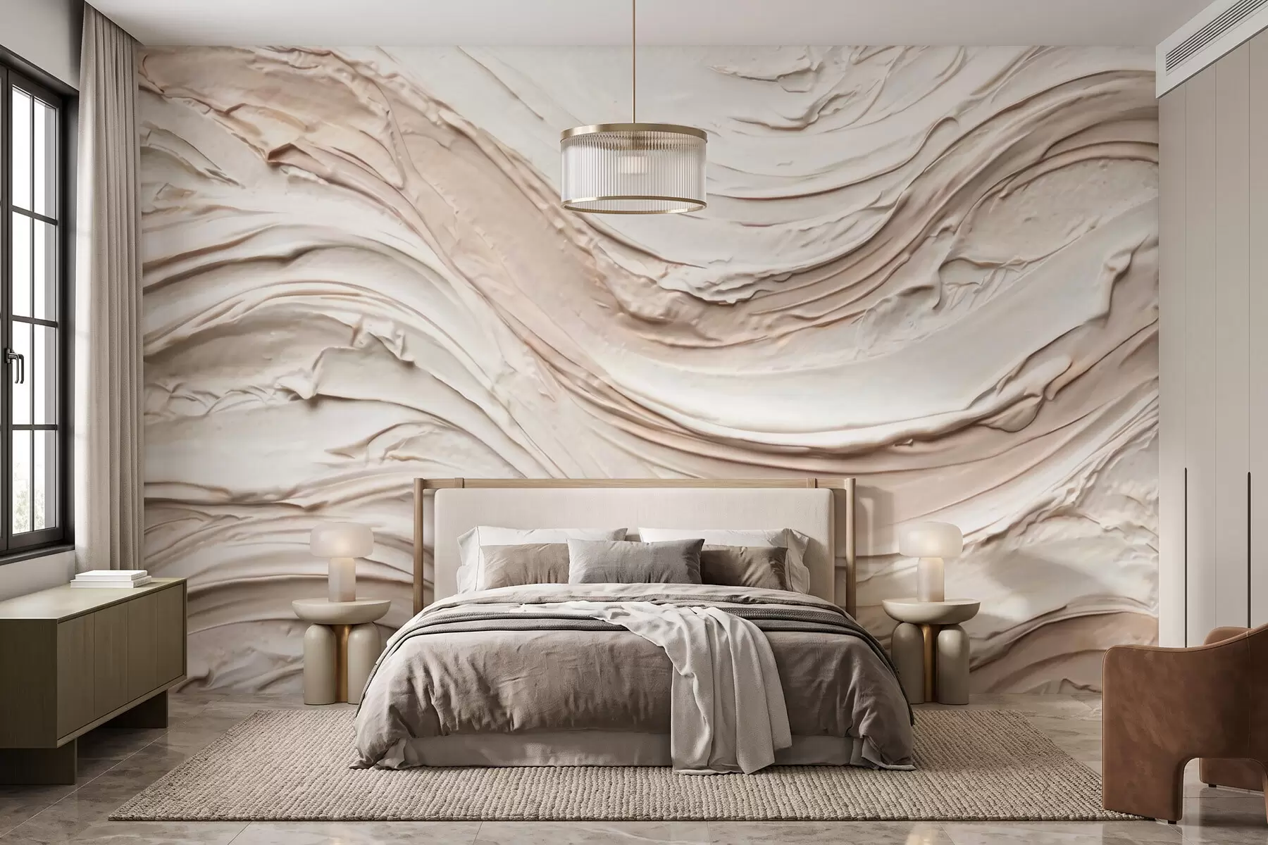 murales de pared Ondas cálidas en tonos crema y melocotón que imitan el yeso texturizado, abstractas w09990