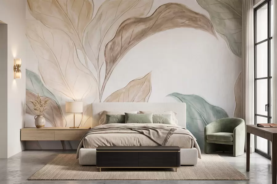 murales de pared Imitación de hojas delicadas de color beige verdoso, moldeadas en relieve w09991