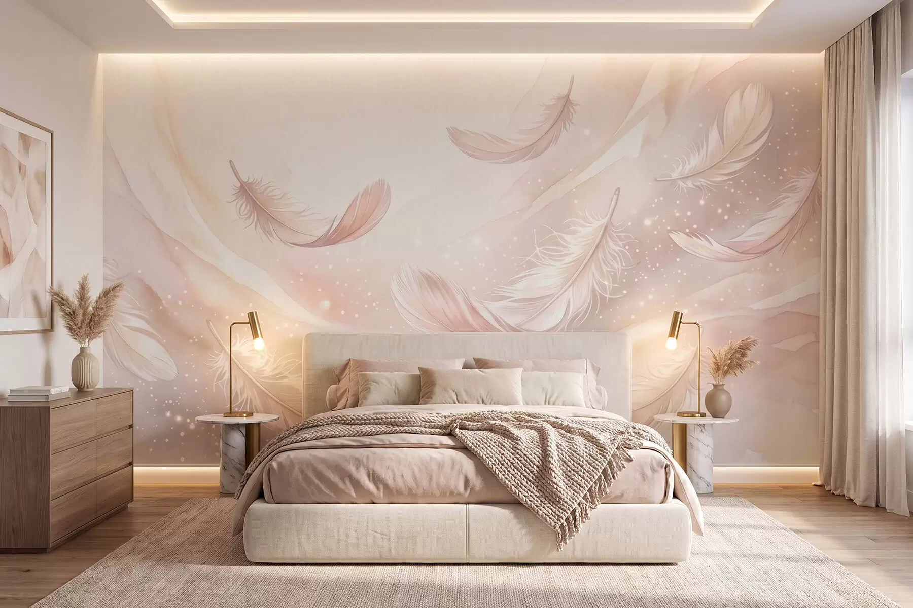 murales de pared Plumas delicadas y etéreas en una neblina de color rosa melocotón con destellos w10003