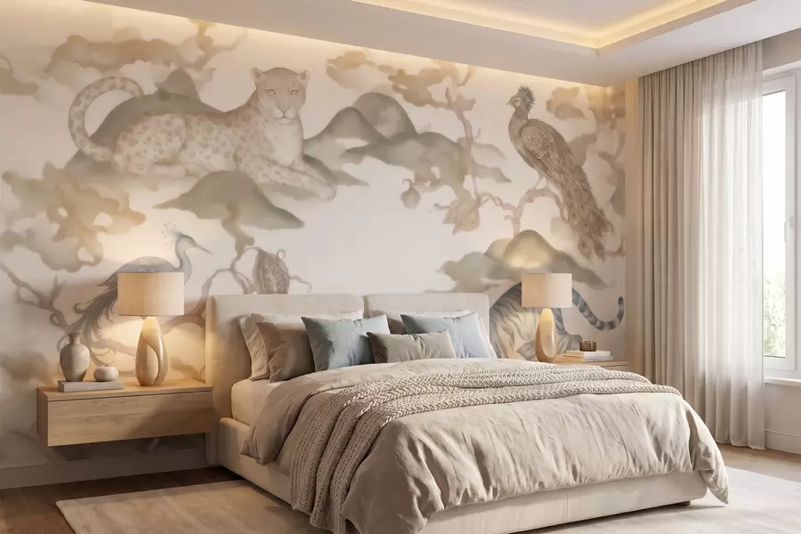 murales de pared Jardín imperial con animales de estilo oriental: mono, leopardo, tigre, pavo real y garza w10011