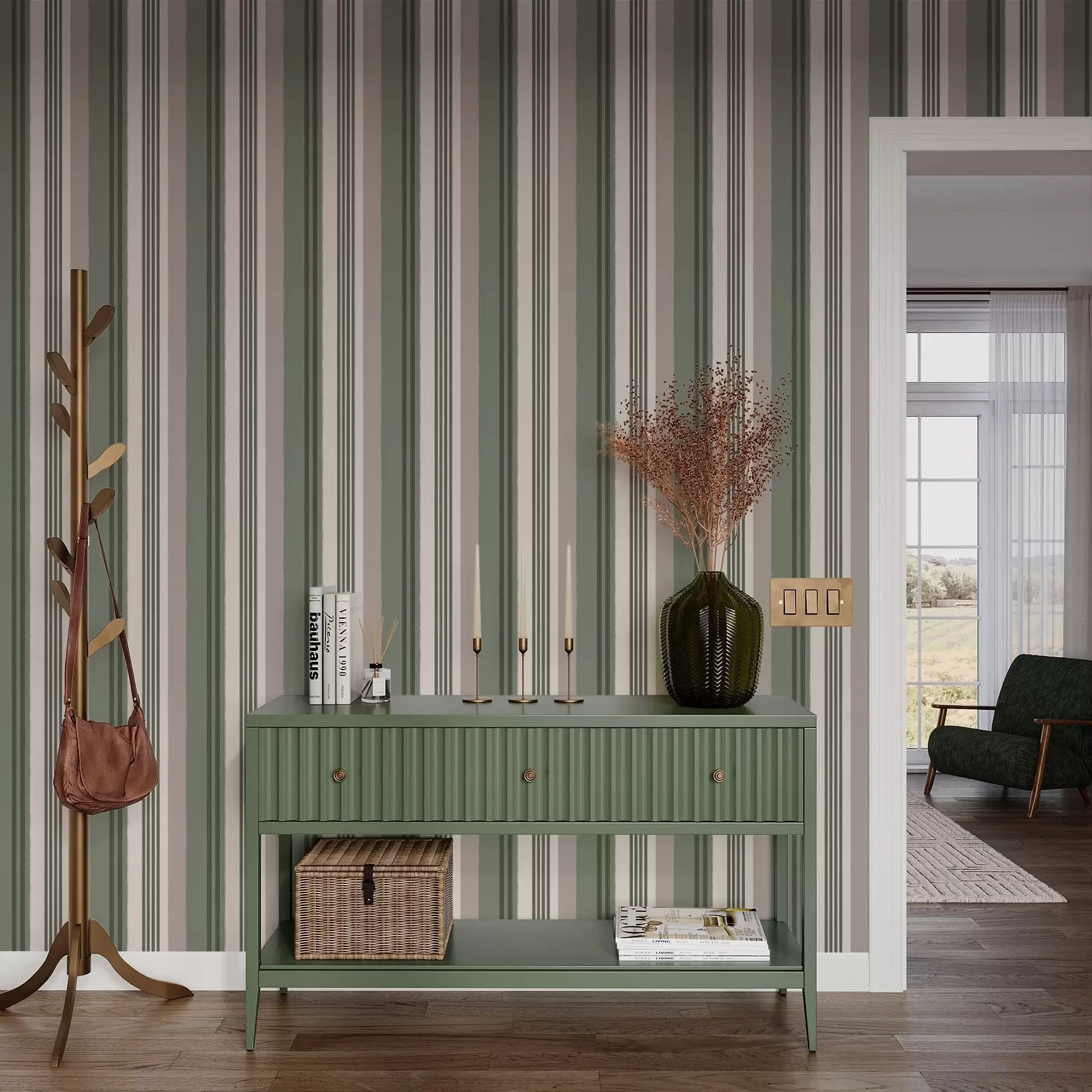 murales de pared Rayas anchas verdes y crema a01248