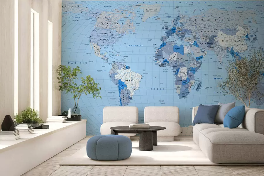 murales de pared Mapa político del mundo en azul con banderas, en inglés c00016env2