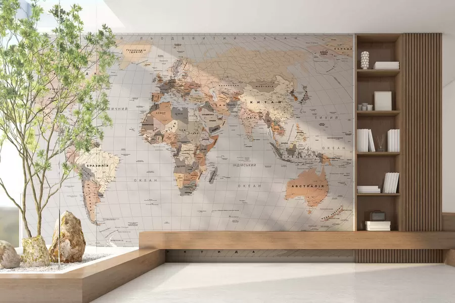 murales de pared Un mapa político del mundo en tonos beige con banderas de Ucrania c00016ukv1