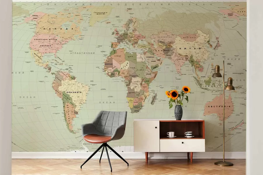 murales de pared Mapa político del mundo en color verde oliva con banderas, en ucraniano c00016ukv3