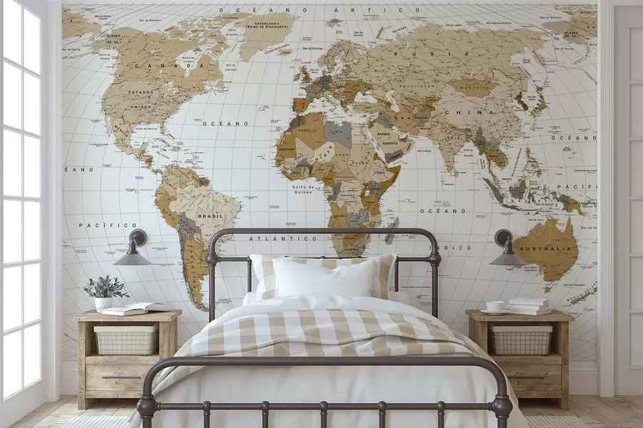 murales de pared Un mapa político del mundo en color marrón con banderas en español c00016es