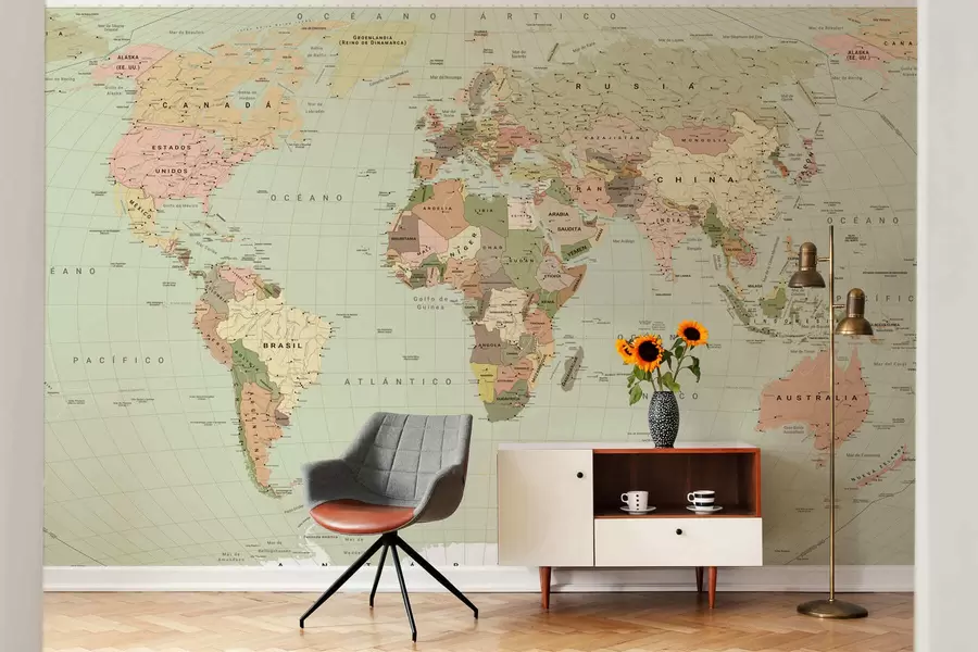 murales de pared Mapa político del mundo en color verde oliva con banderas, en español c00016esv3