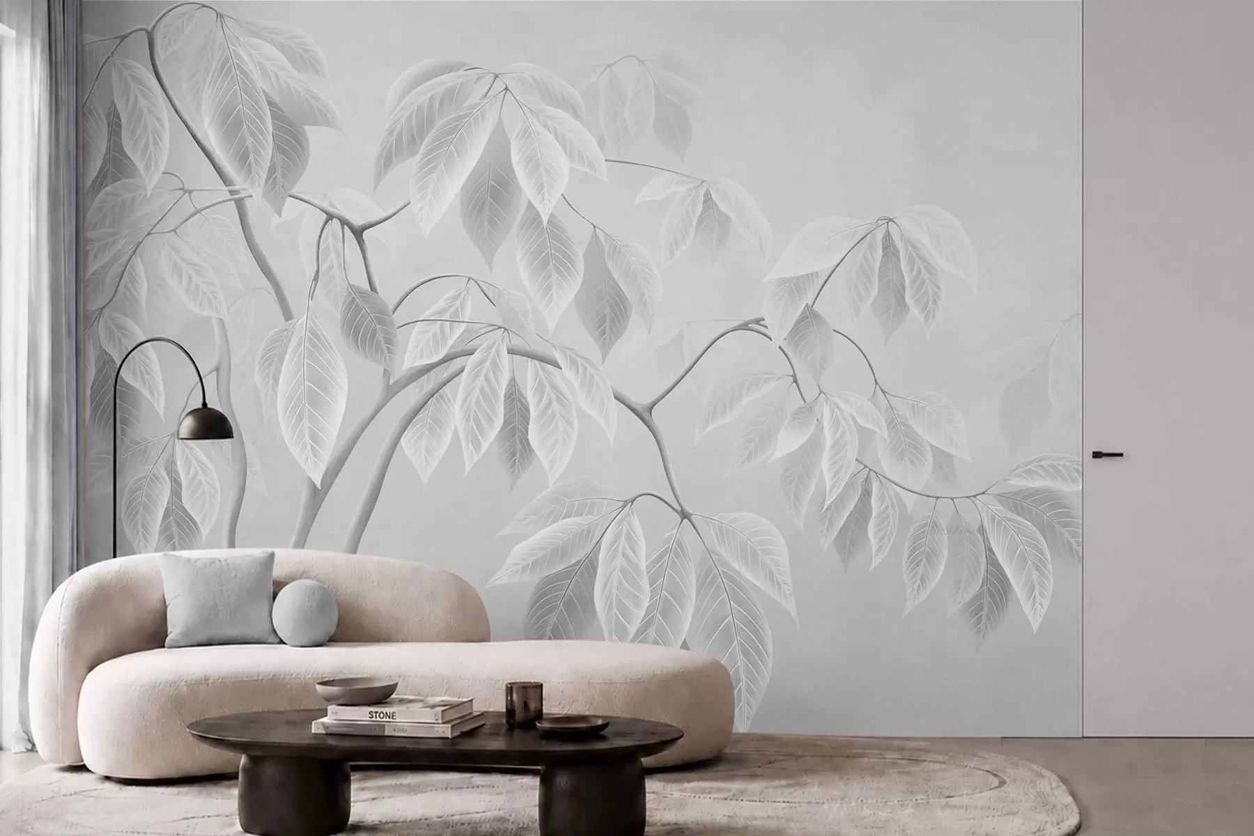 murales de pared Ramas claras con hojas grandes sobre un fondo suave w05806