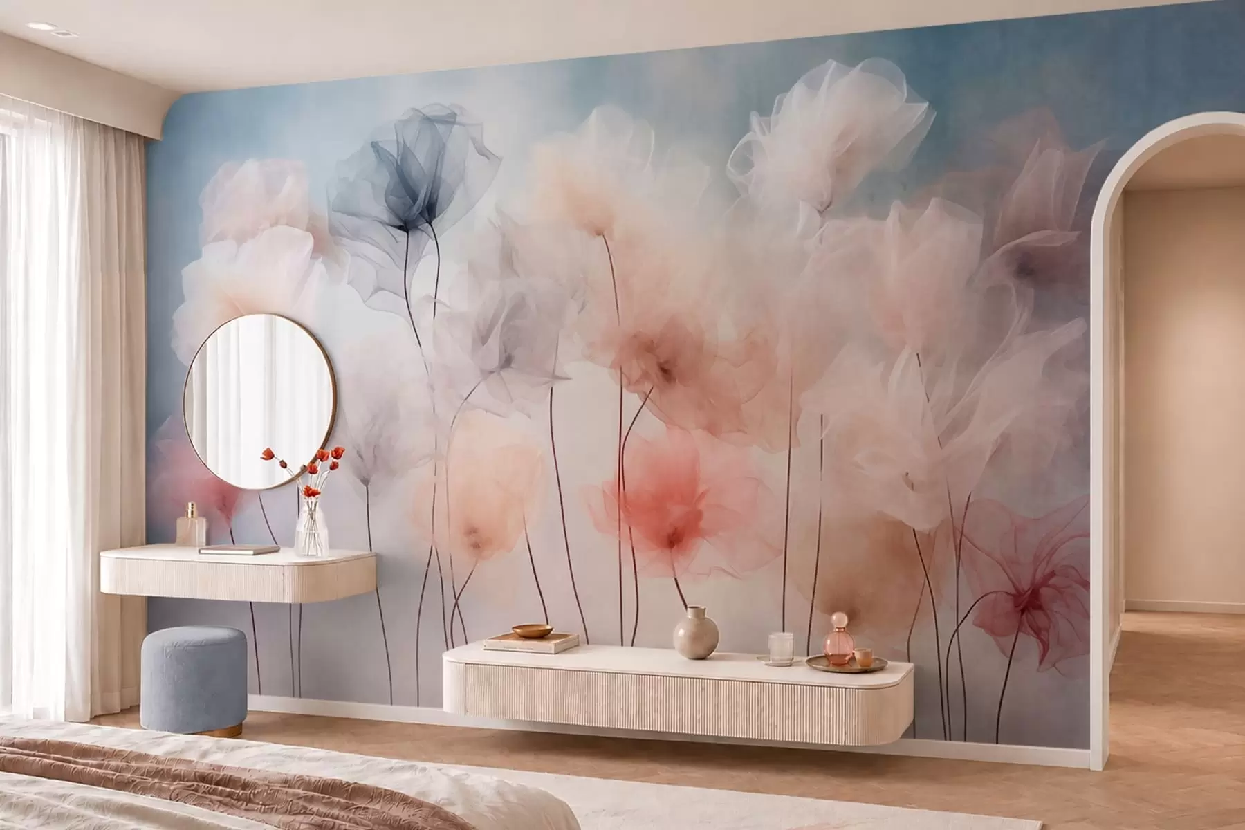 murales de pared Flores etéreas en delicados tonos pastel w05818