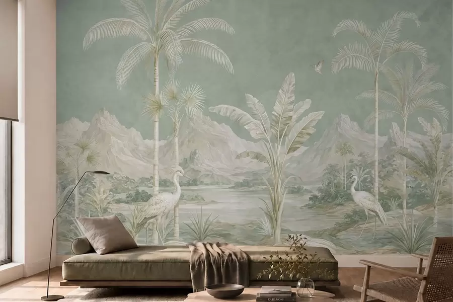 murales de pared Paisaje tropical en suaves tonos verdes w05819
