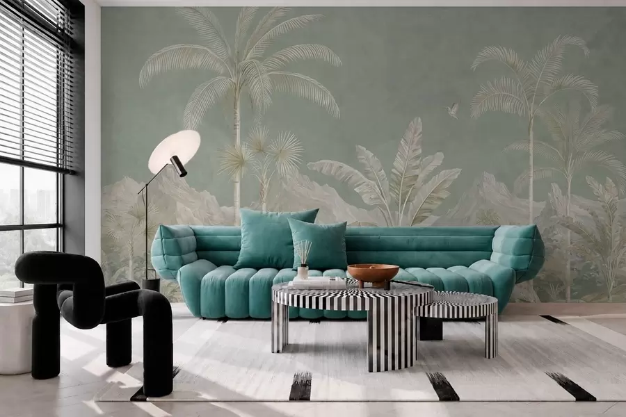 murales de pared Paisaje tropical en suaves tonos verdes w05819