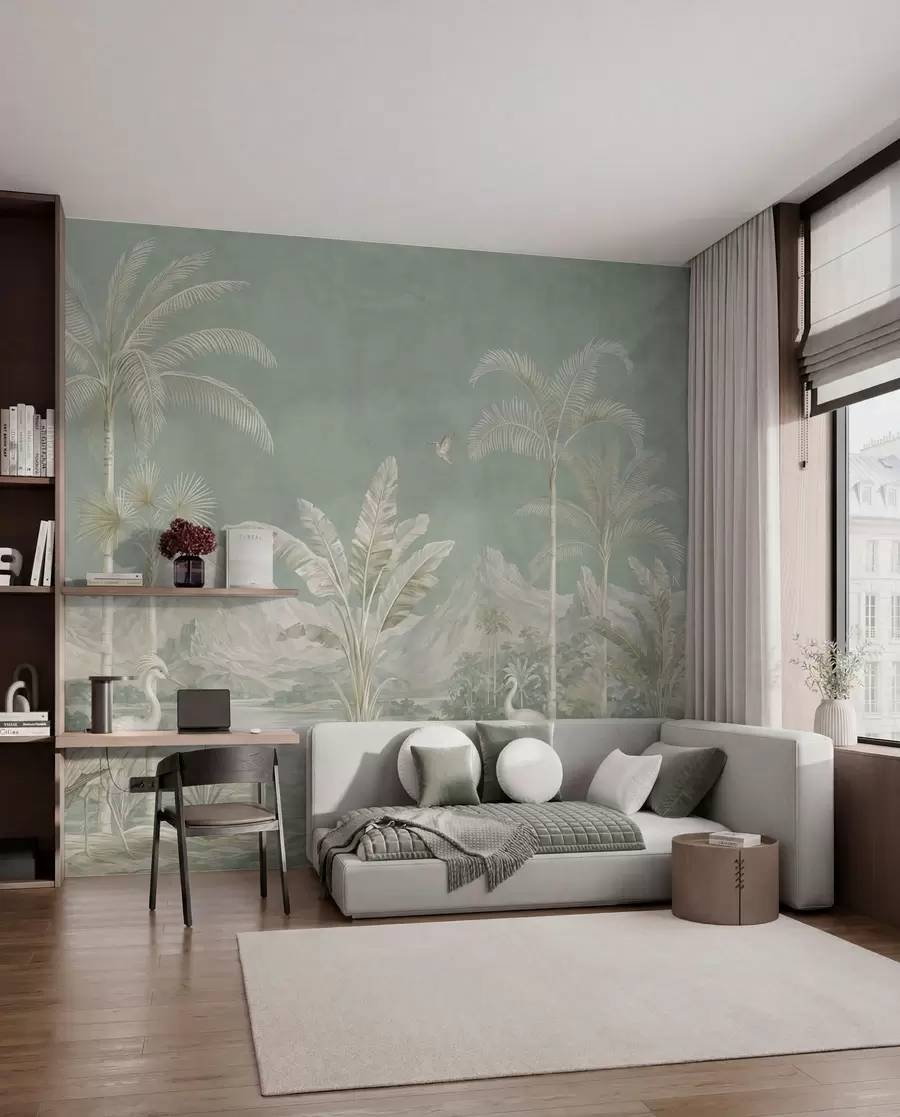 murales de pared Paisaje tropical en suaves tonos verdes w05819