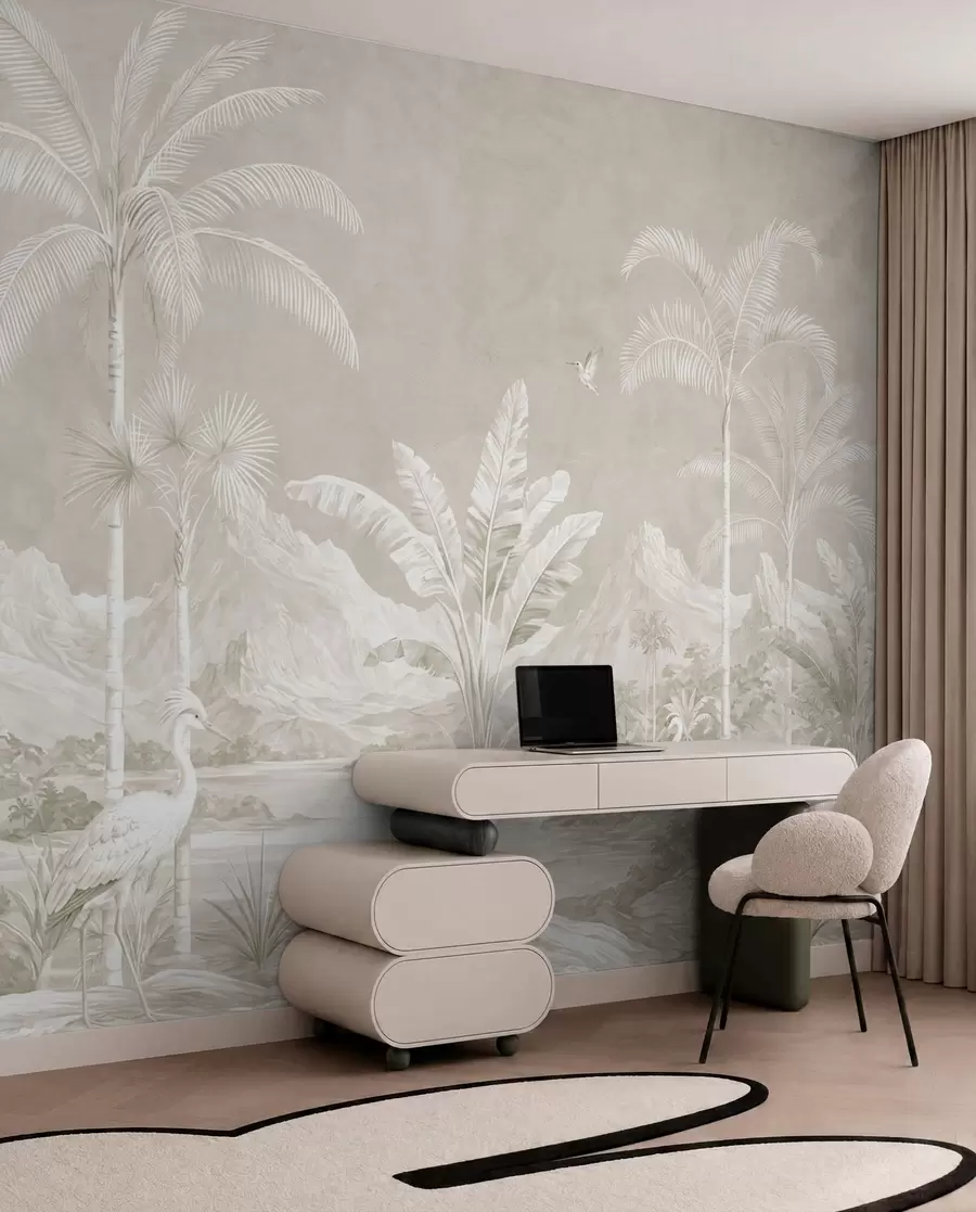 murales de pared Paisaje tropical luminoso con palmeras, pájaros y montañas w05819v1