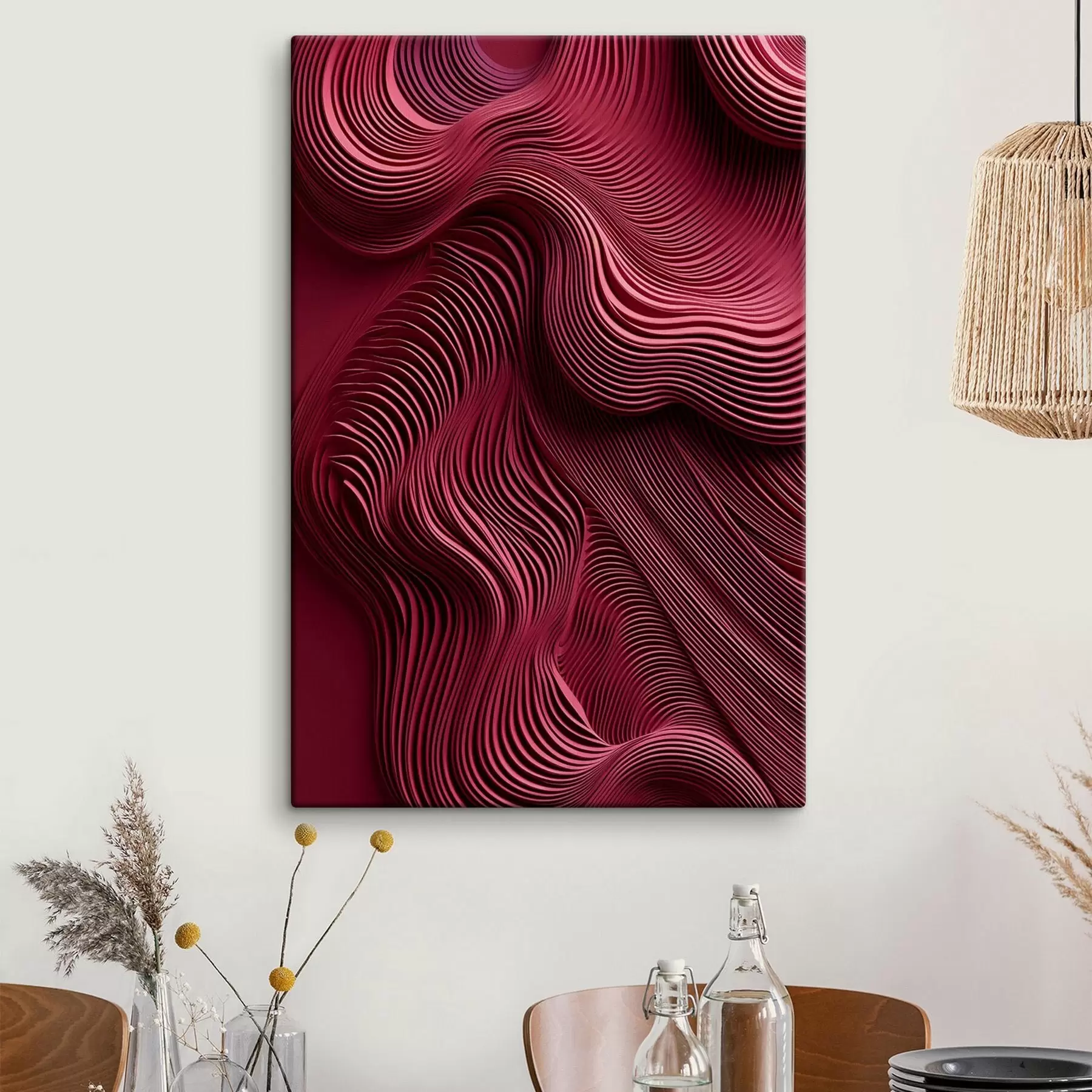 murales de pared Rojo oscuro, texturas abstractas lisas en capas onduladas, arte moderno s50223