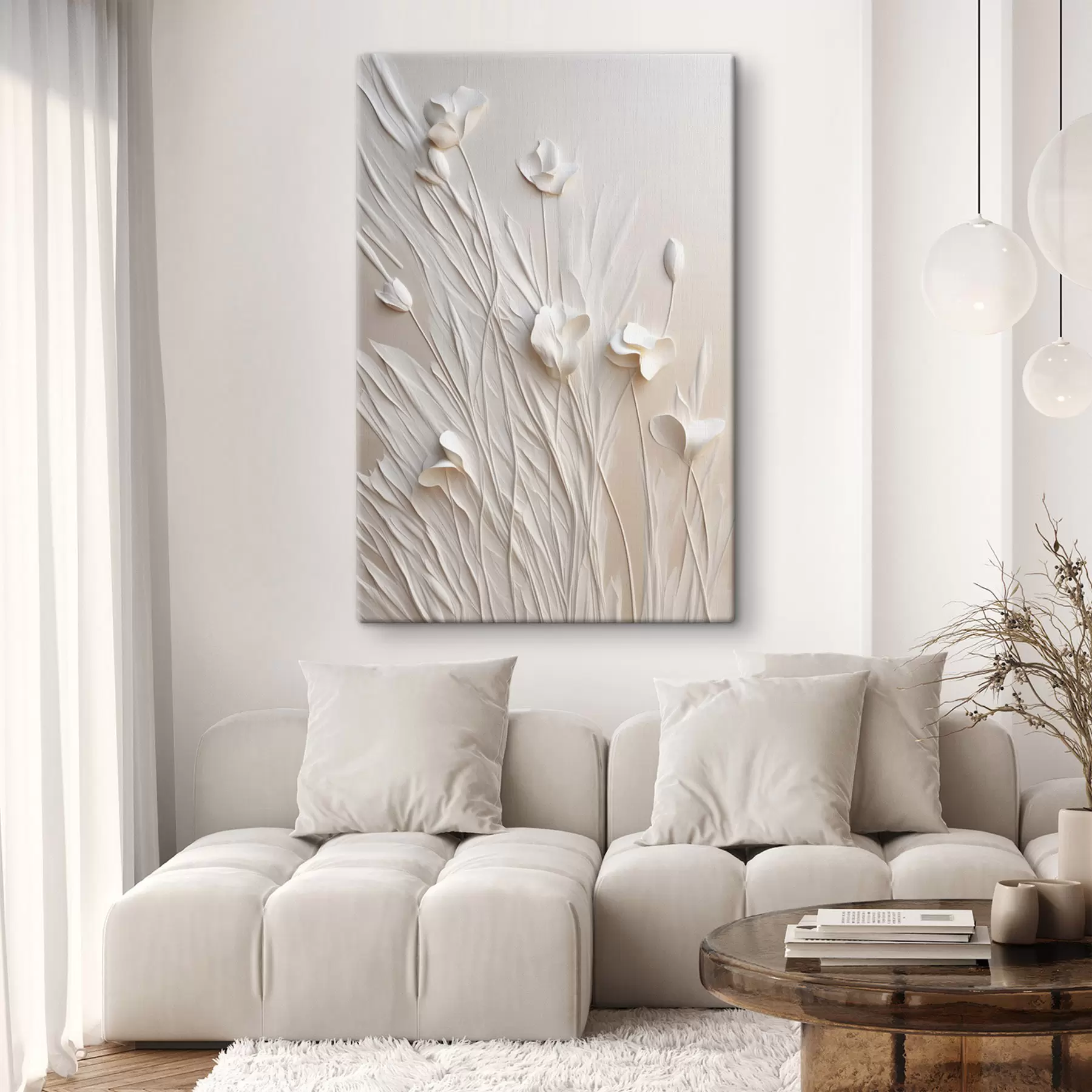murales de pared Flores blancas y hierba sobre un fondo melocotón claro, arte minimalista s50226