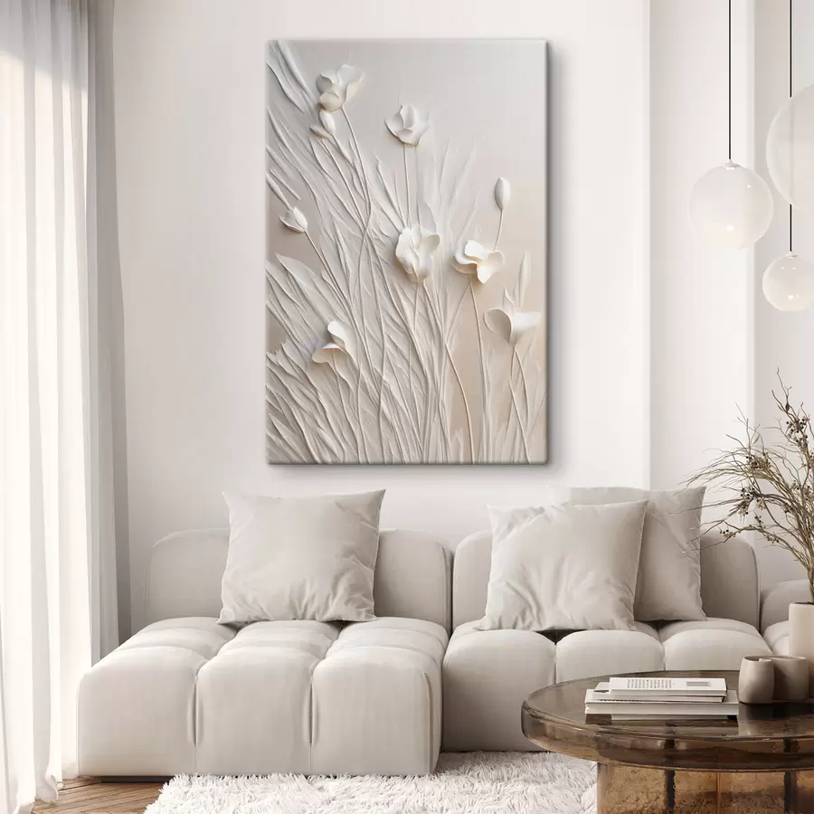 murales de pared Flores blancas y hierba sobre un fondo melocotón claro, arte minimalista s50226