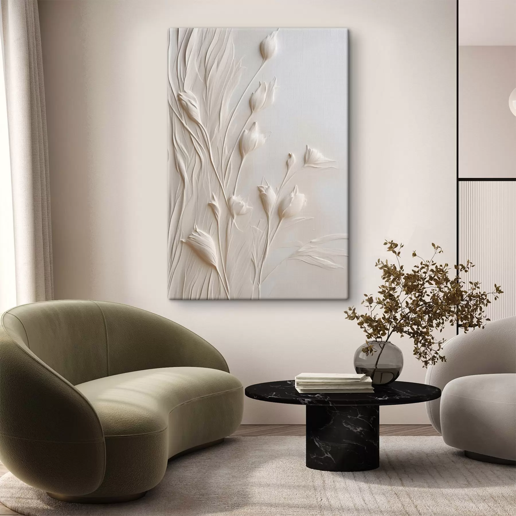 murales de pared Flores blancas y hierba sobre un fondo melocotón claro, arte minimalista s50227
