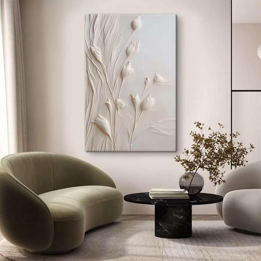 murales de pared Flores blancas y hierba sobre un fondo melocotón claro, arte minimalista s50227