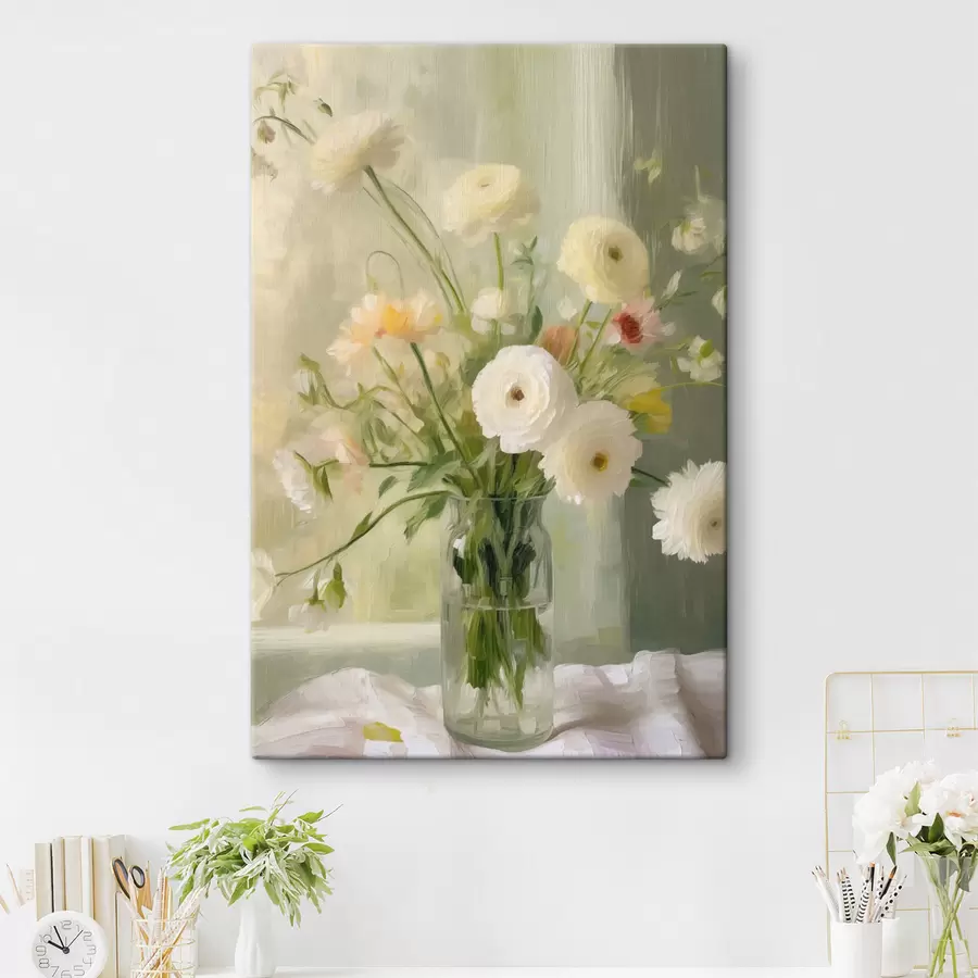 murales de pared Un ramo de flores blancas y rosas en un jarrón de cristal, con una ventana al fondo s50228