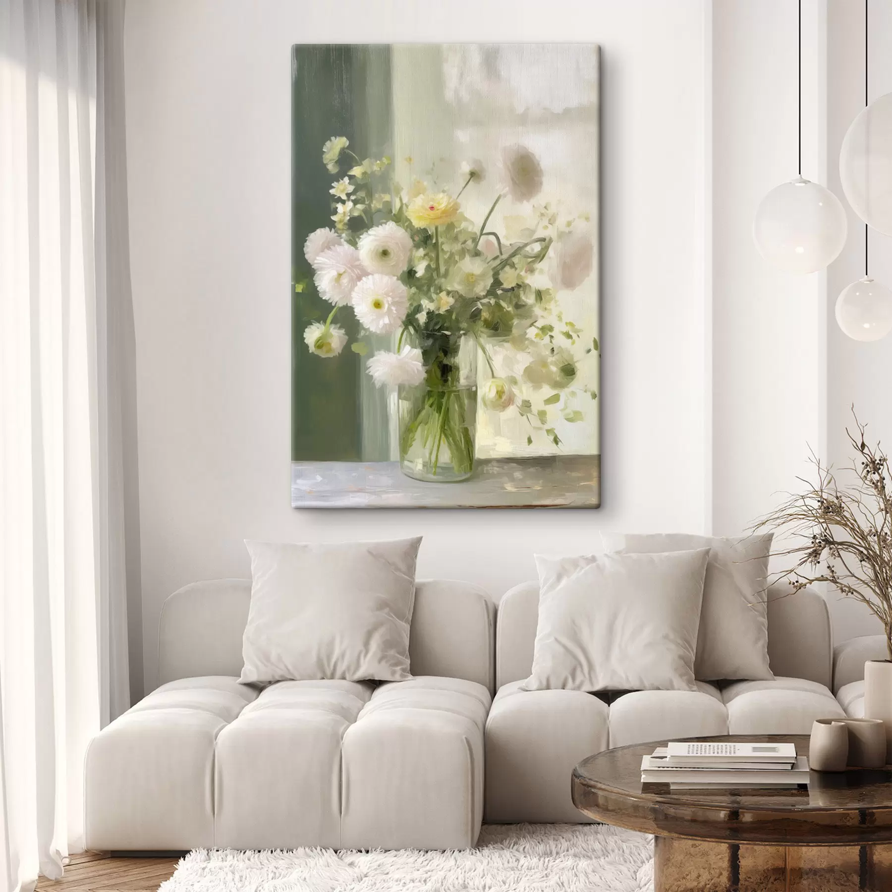 murales de pared Un ramo de flores blancas y rosas en un jarrón de cristal, con una ventana al fondo s50229