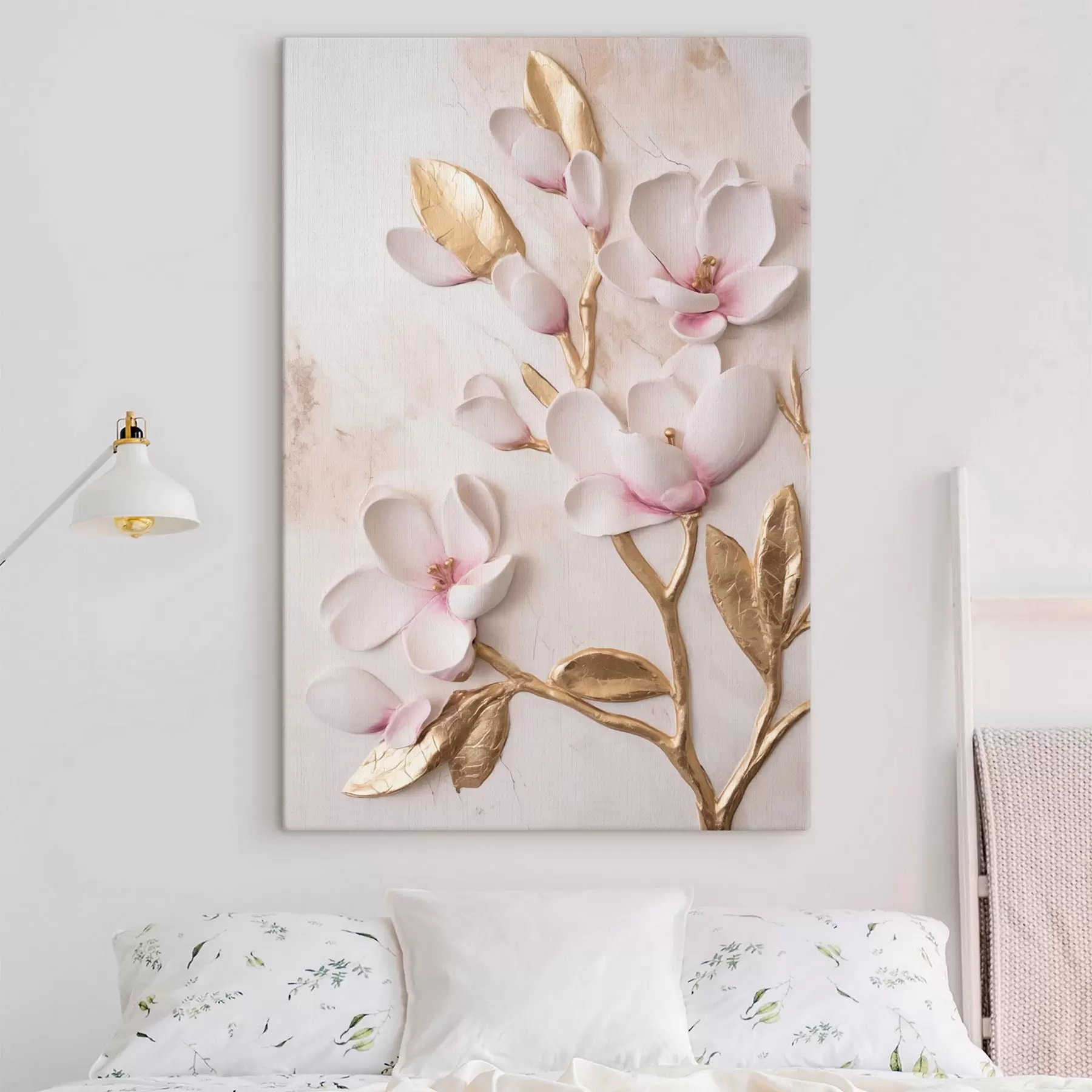 murales de pared Flores de magnolia de un delicado tono rosa, con textura y detalles en amarillo s50230