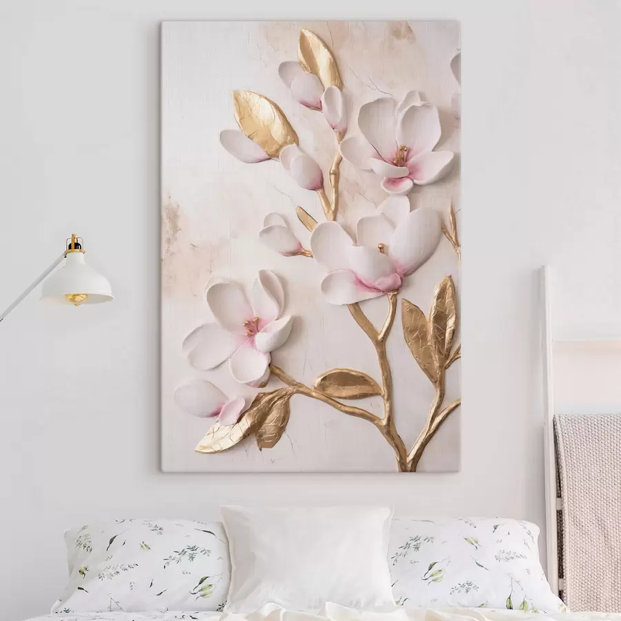 murales de pared Flores de magnolia de un delicado tono rosa, con textura y detalles en amarillo s50230