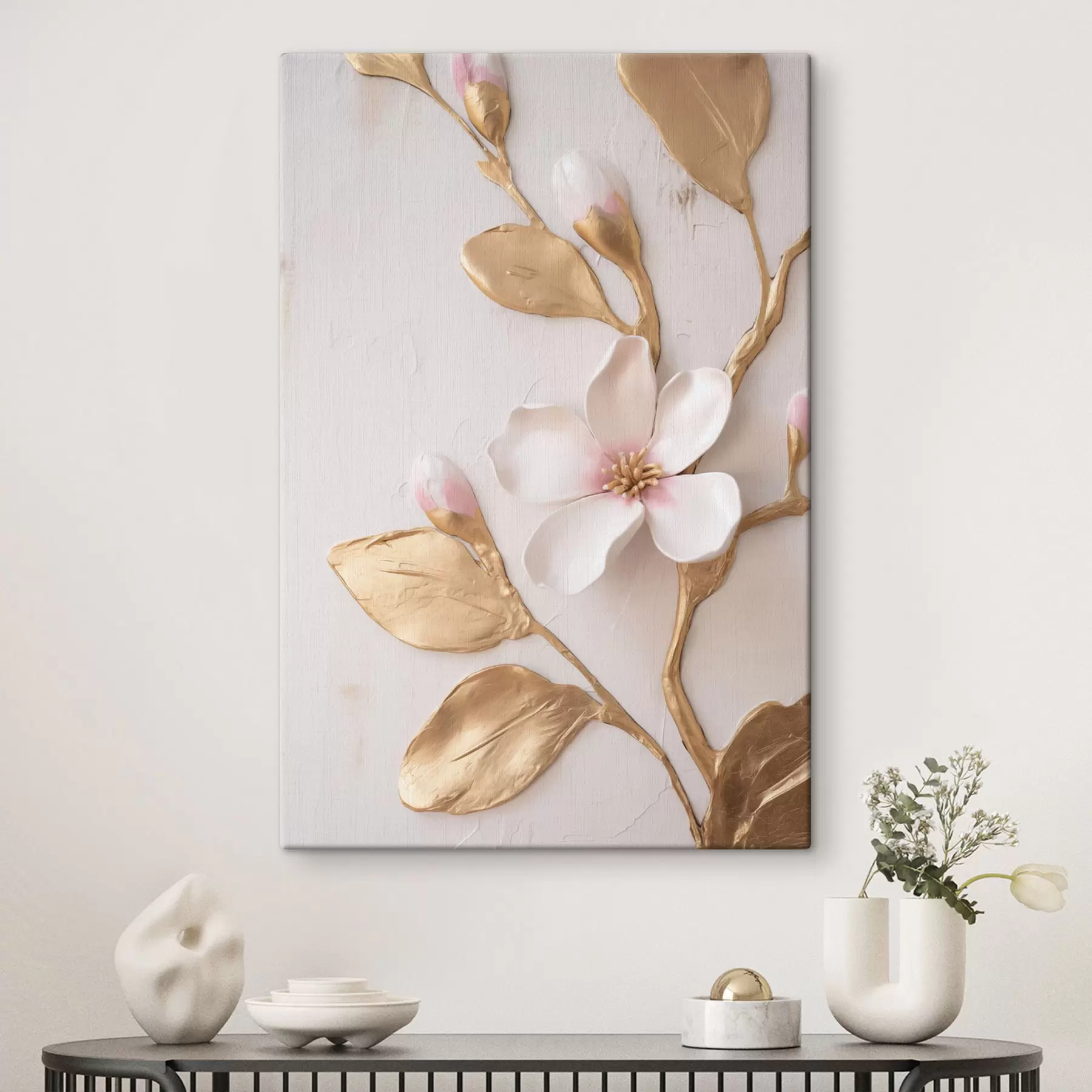 murales de pared Flores de magnolia de un delicado tono rosa, con textura y detalles en amarillo s50231