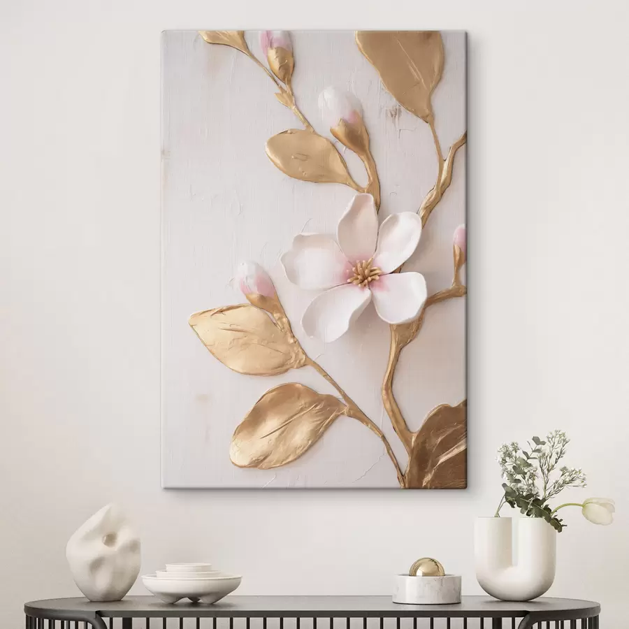 murales de pared Flores de magnolia de un delicado tono rosa, con textura y detalles en amarillo s50231
