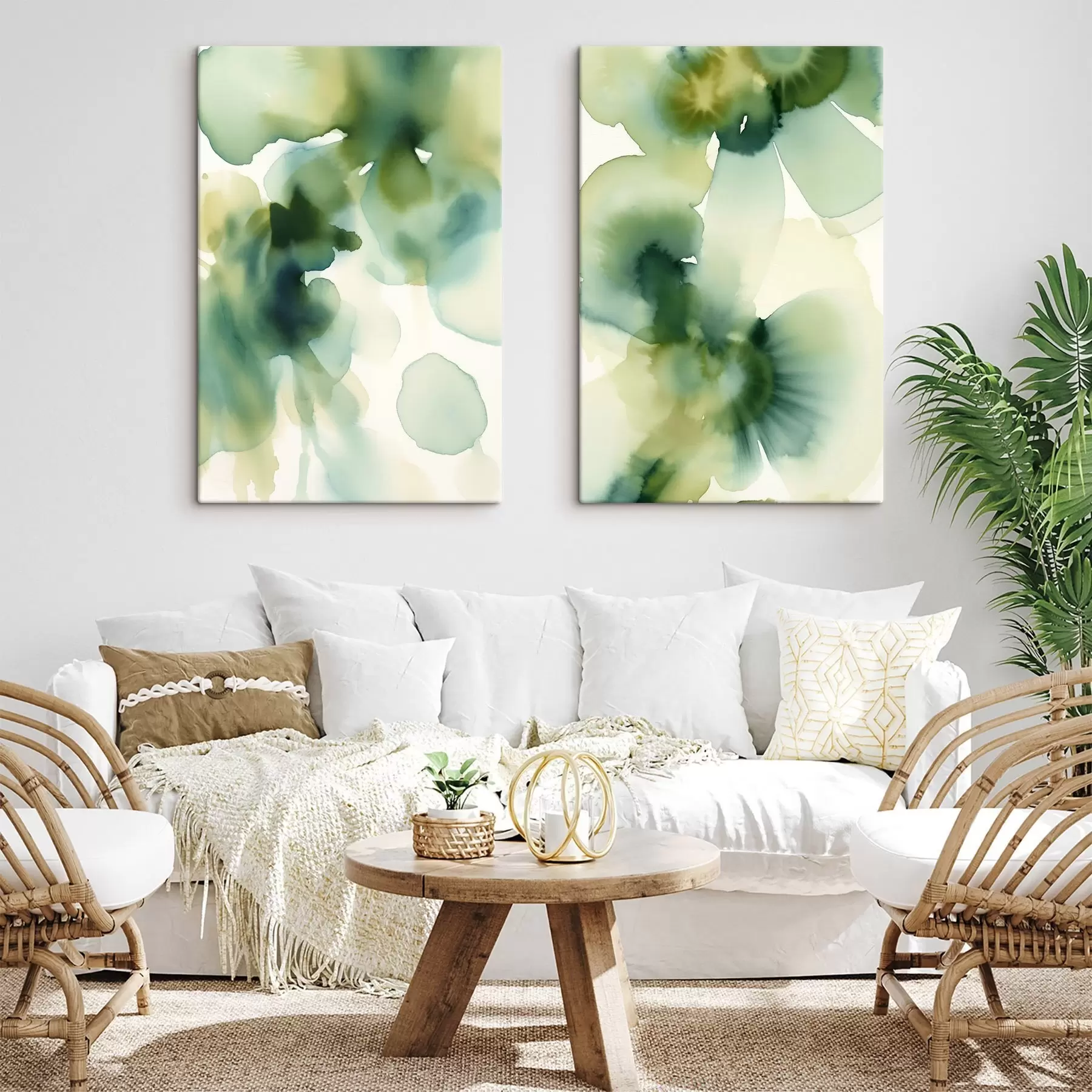 murales de pared Cuadro abstracto al acuarela con formas fluidas en tonos verdes m30836