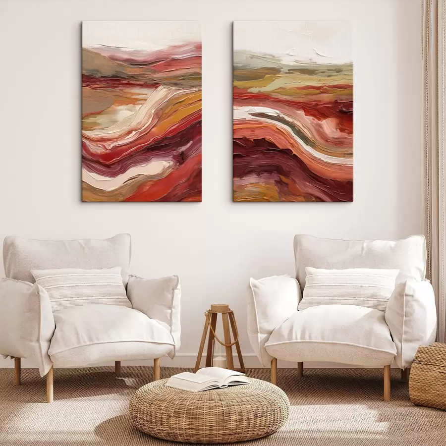 murales de pared Paisaje abstracto con capas texturizadas de rojo, naranja y beige m30841