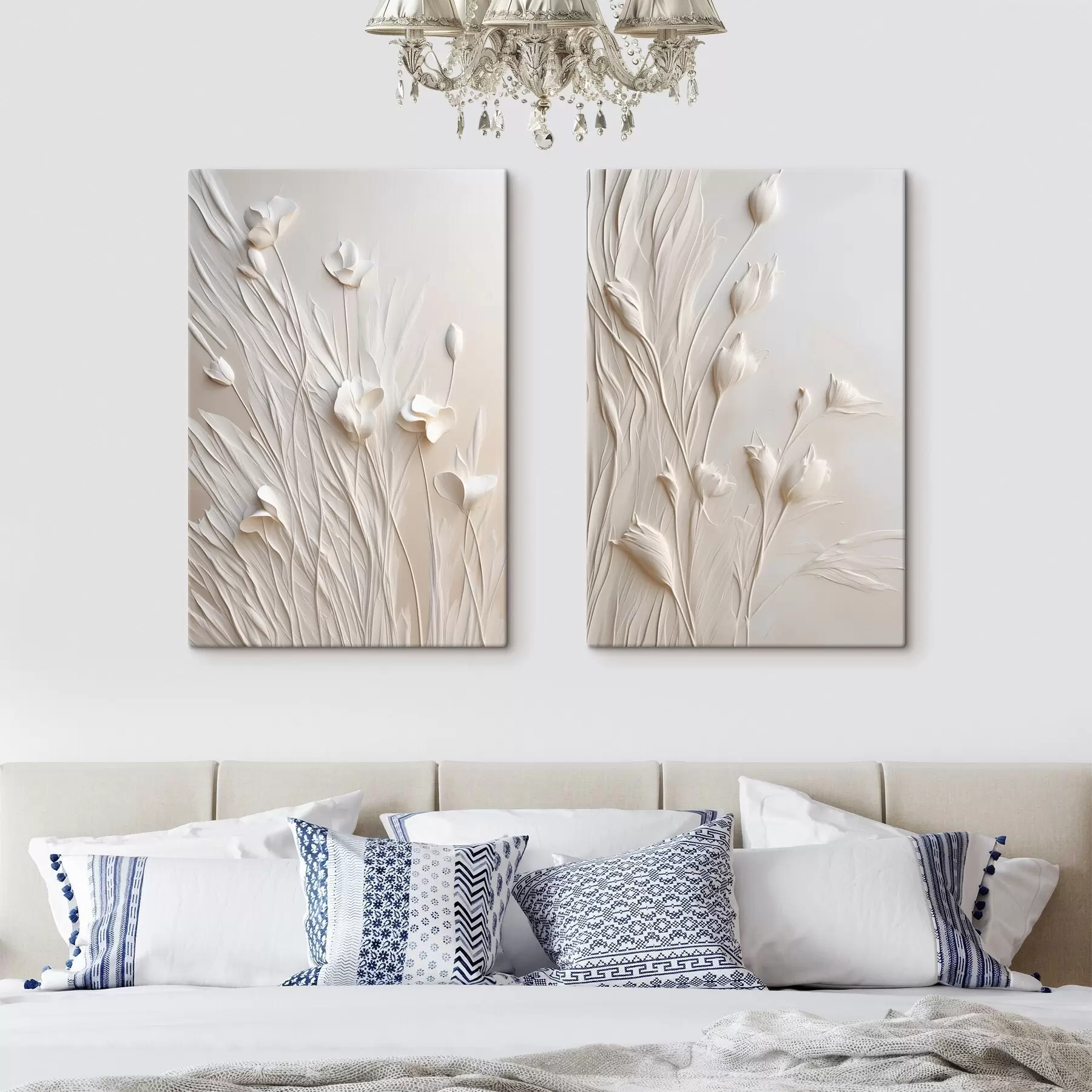 murales de pared Flores blancas y hierba sobre un fondo melocotón claro, arte minimalista m30846
