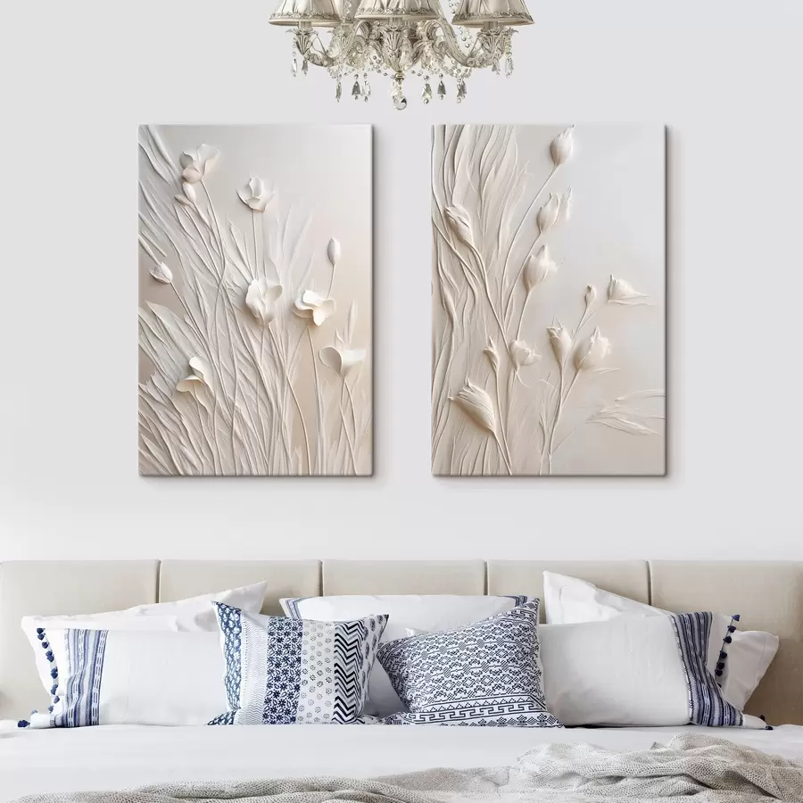murales de pared Flores blancas y hierba sobre un fondo melocotón claro, arte minimalista m30846