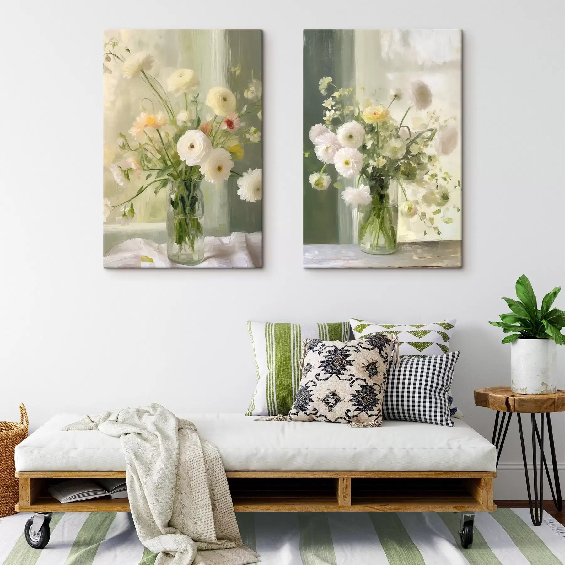 murales de pared Un ramo de flores blancas y rosas en un jarrón de cristal, con una ventana al fondo m30847