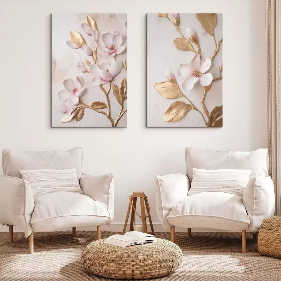 murales de pared Flores de magnolia de un delicado tono rosa, con textura y detalles en amarillo m30848