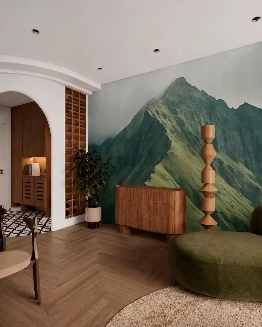 murales de pared Malaquita de montaña con laderas verdes y una cima envuelta en una suave bruma w05820