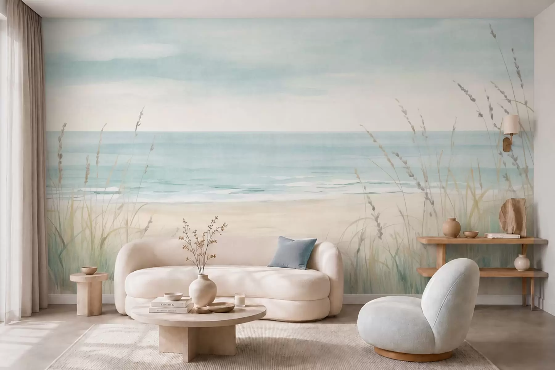 murales de pared Arena con conchas, una suave orilla y hierba en suaves tonos pastel w05821
