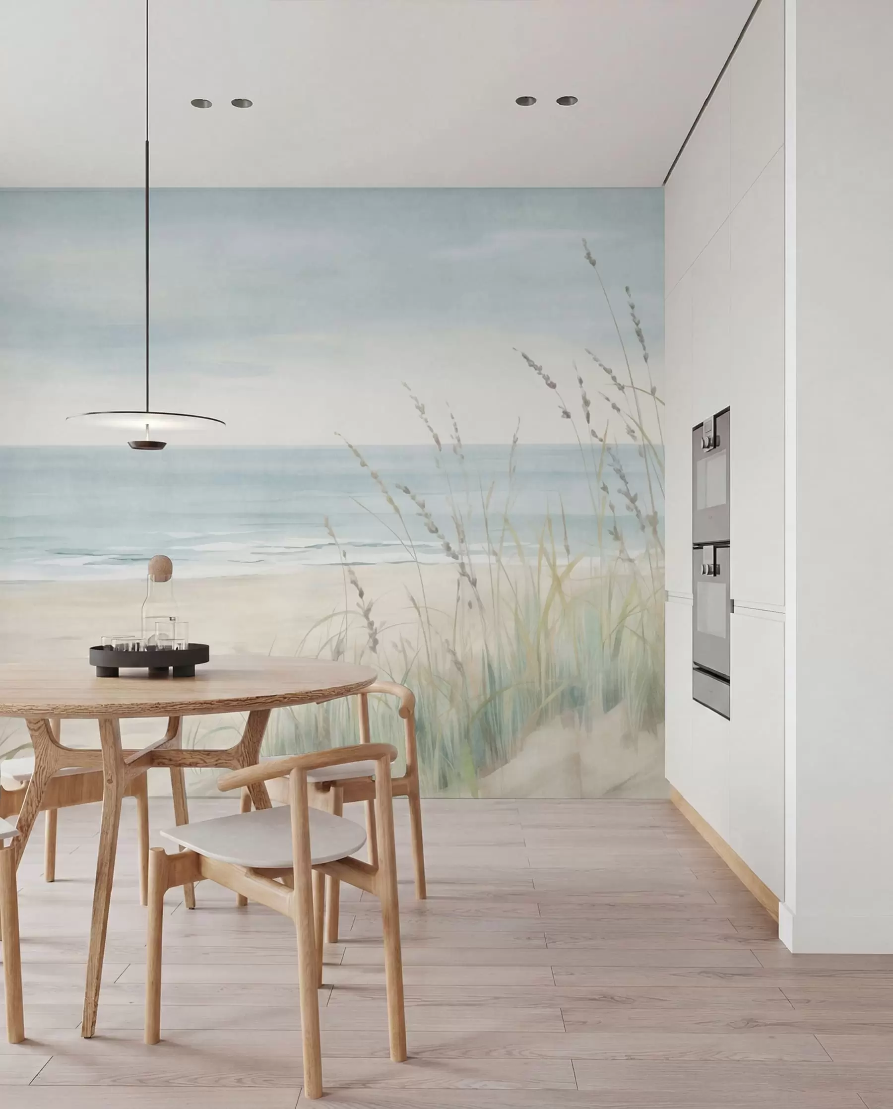 murales de pared Arena con conchas, una suave orilla y hierba en suaves tonos pastel w05821