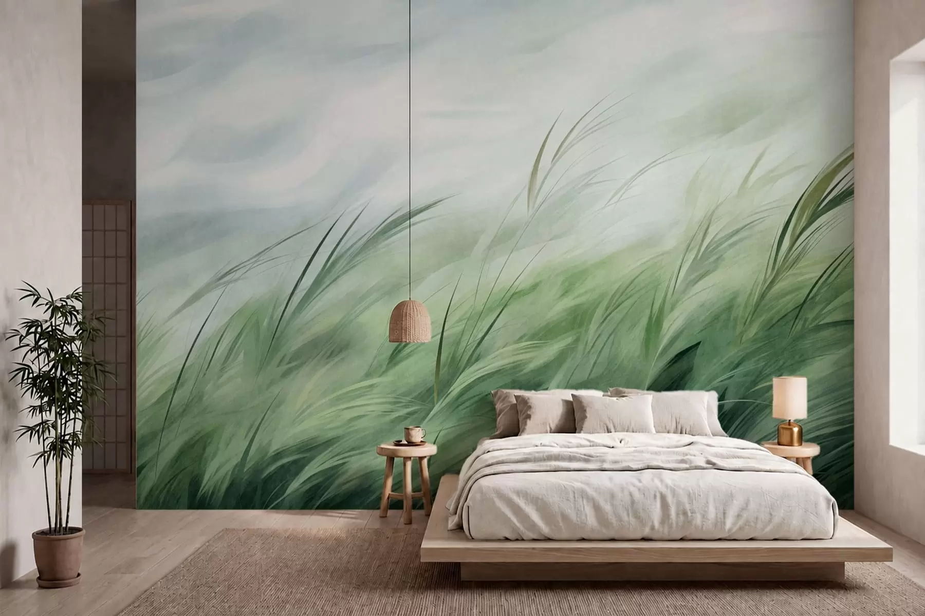 murales de pared Verde salvia con delicadas hierbas que se mecen suavemente con la brisa tranquila w05853