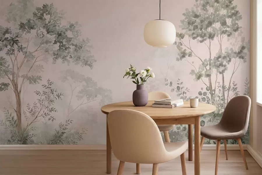 murales de pared Árboles y arbustos del bosque en tonos pastel difuminados w05856