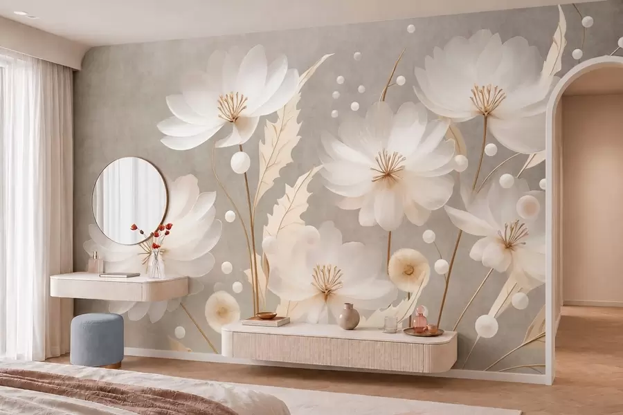 murales de pared Grandes flores blancas con hojas decorativas sobre un fondo gris w05857