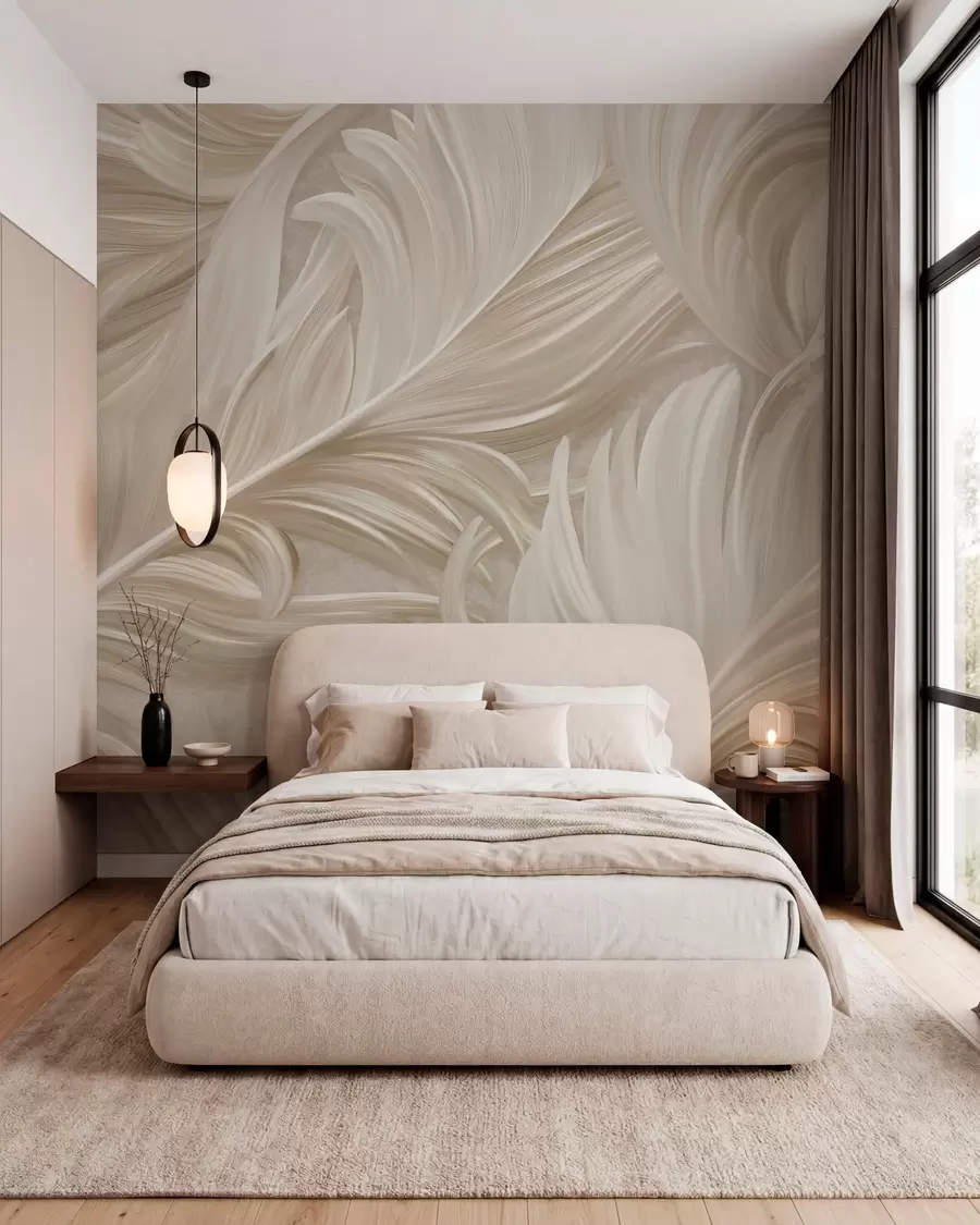 murales de pared Una pluma grande, pintada y curvada en cálidos tonos beige w05757
